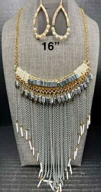 51. Elegant Gold & Silver Fringe Statement Jewelry Set